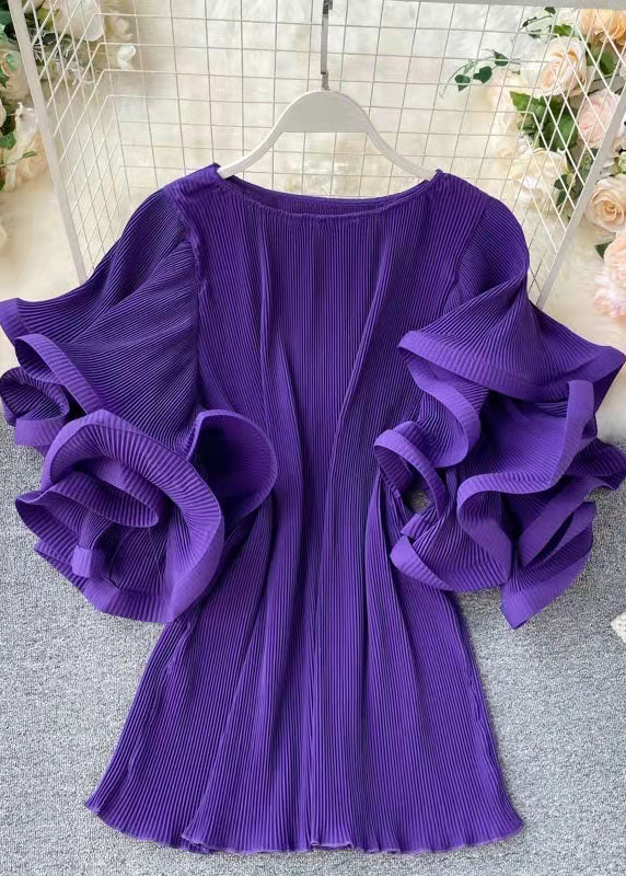 Pleated Round Neck Layered Ruffle Sleeve Loose Mini Dress