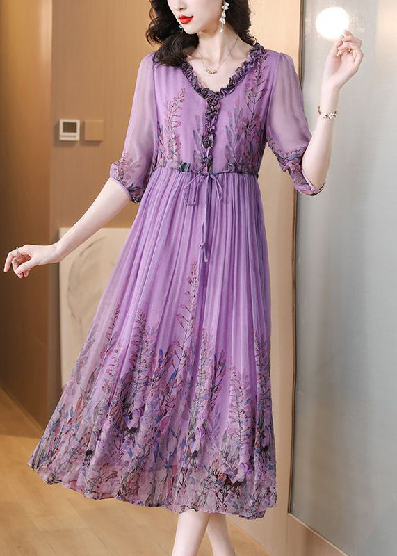 Floral Print Ruffle V-Neck Half Sleeve Drawstring Waist Chiffon Midi Dress
