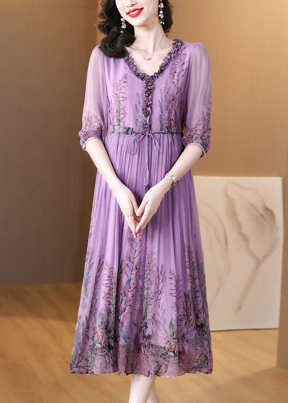 Loose Purple Ruffled Lace Up Print Chiffon Long Dress Half Sleeve 2