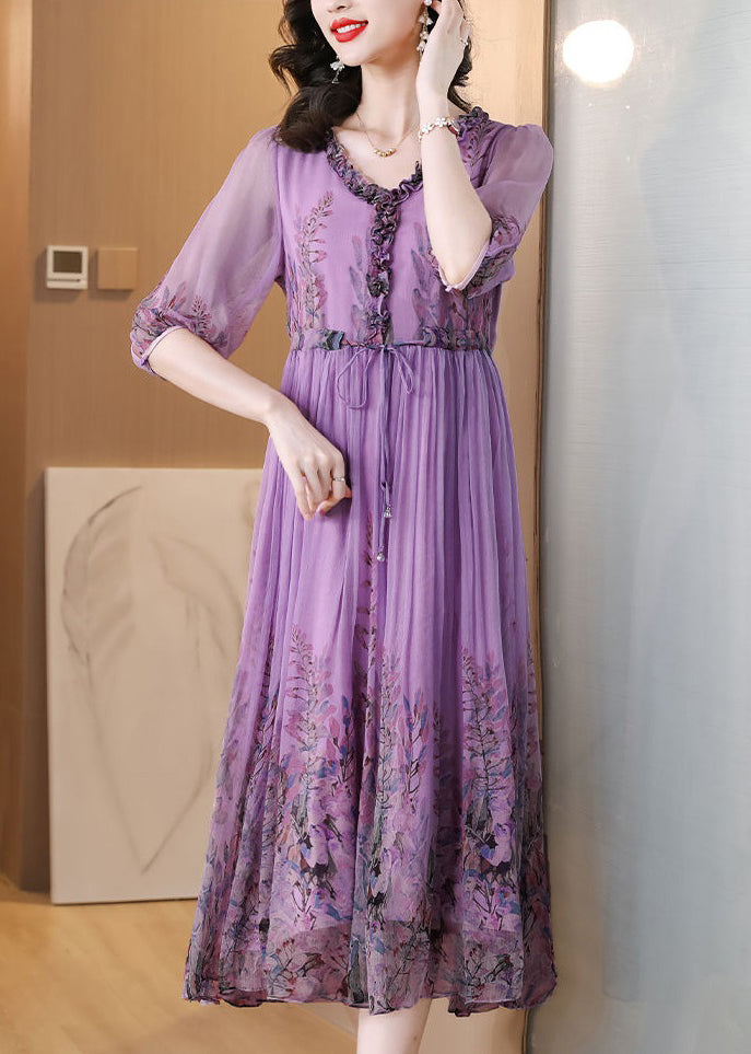 Loose Purple Ruffled Lace Up Print Chiffon Long Dress Half Sleeve 3