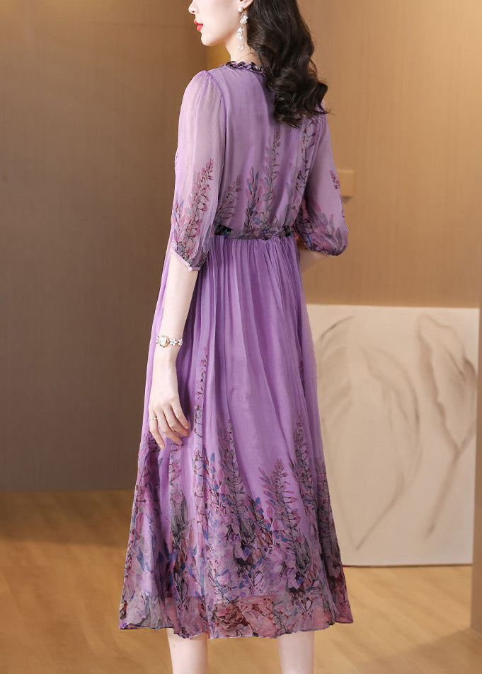 Loose Purple Ruffled Lace Up Print Chiffon Long Dress Half Sleeve 5