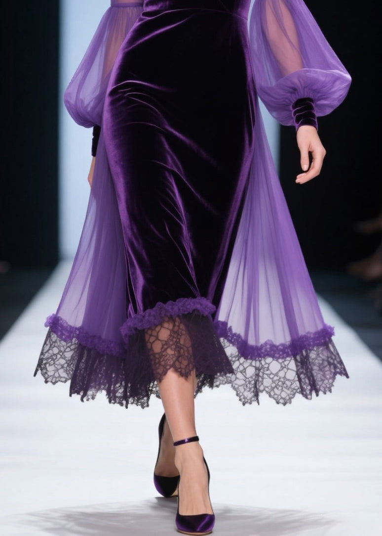 Velvet V-Neck Mesh Bishop Sleeve Lace Trim Midi Dress