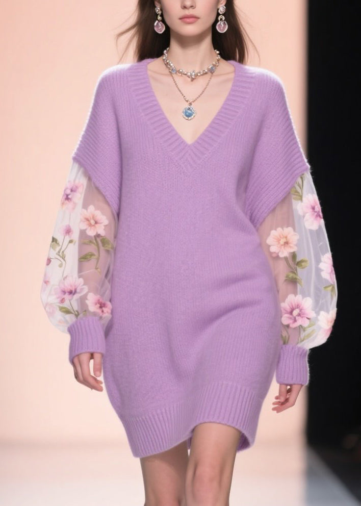 V-Neck Floral Embroidered Mesh Balloon Sleeve Knit Sweater Mini Dress