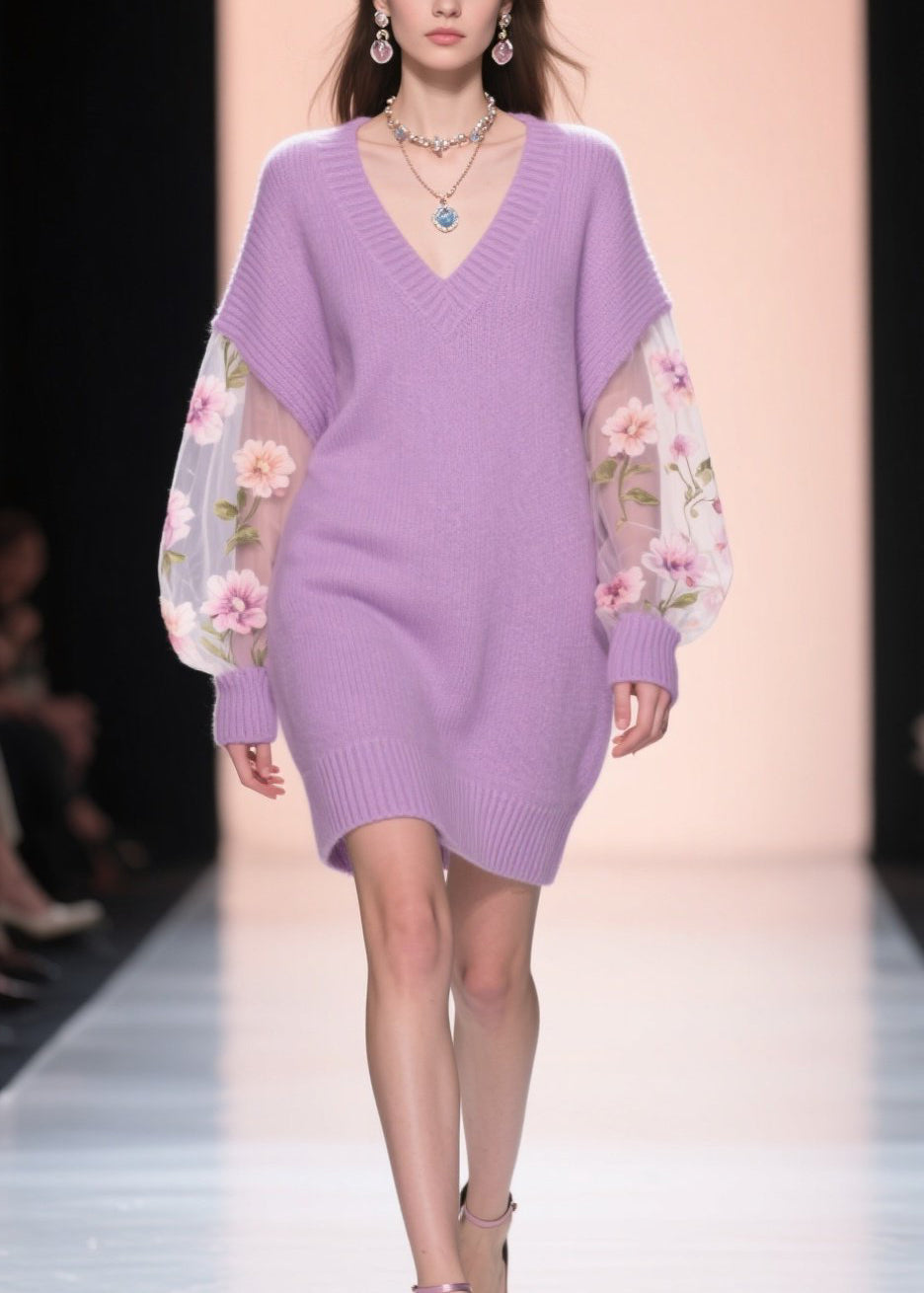 V-Neck Floral Embroidered Mesh Balloon Sleeve Knit Sweater Mini Dress