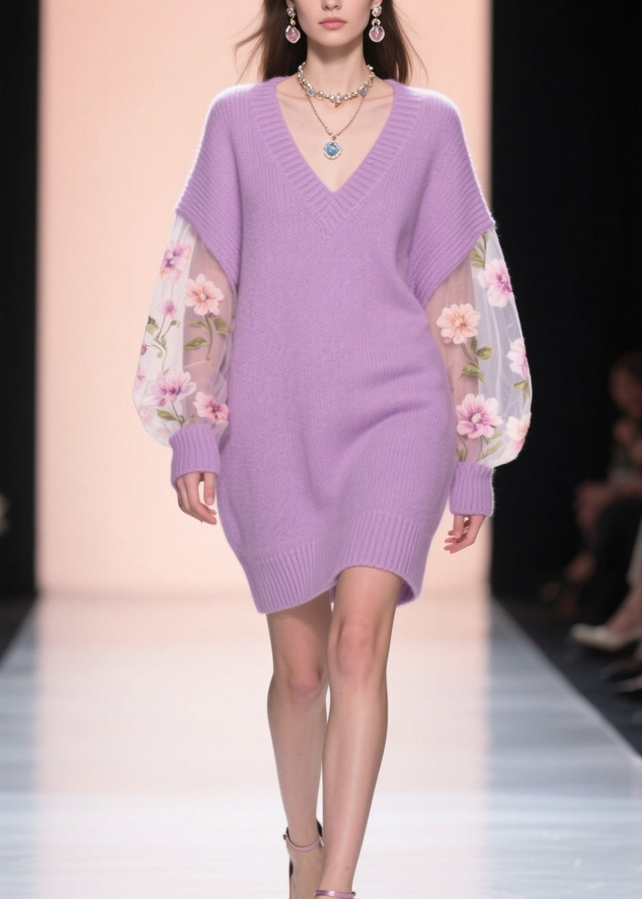 V-Neck Floral Embroidered Mesh Balloon Sleeve Knit Sweater Mini Dress - View 5