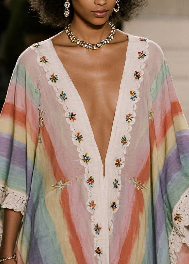 Striped Deep V-Neck Batwing Sleeve Scalloped Lace Trim High Low Kaftan Dress