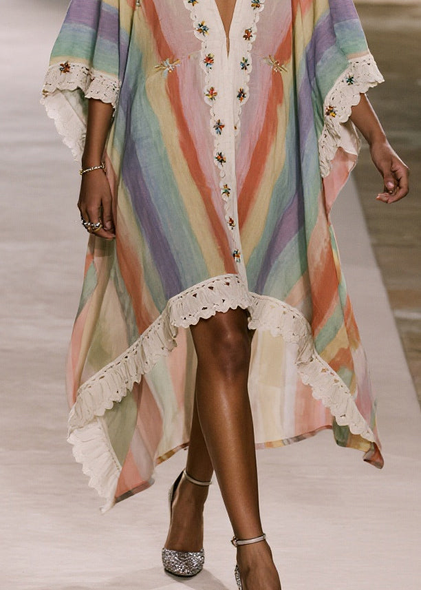 Striped Deep V-Neck Batwing Sleeve Scalloped Lace Trim High Low Kaftan Dress