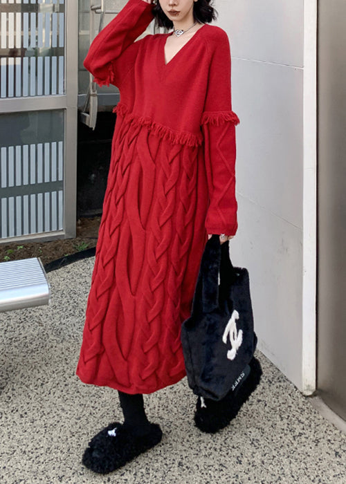 Loose Red V Neck Tasseled Cable Knit Sweater Dress Winter