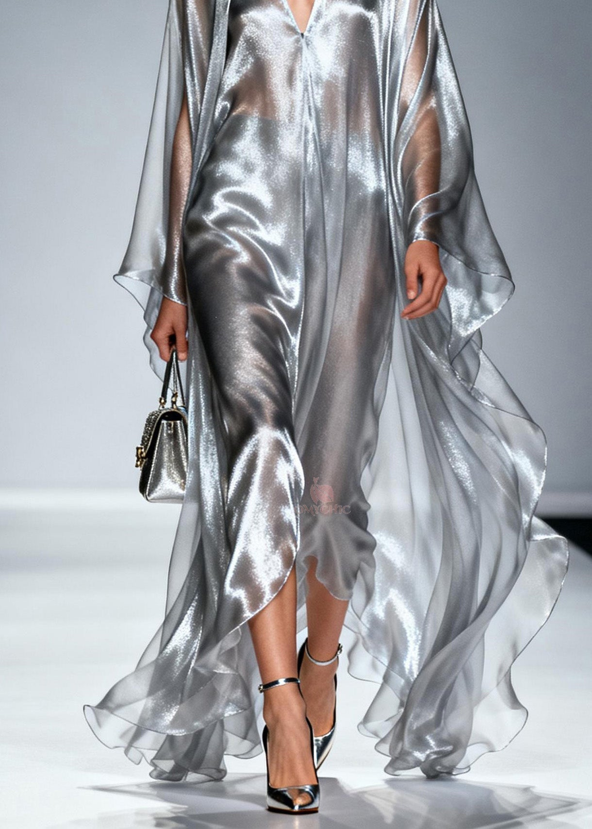 Metallic Sheer Deep V-Neck Floor Length Cape Sleeve Maxi Gown