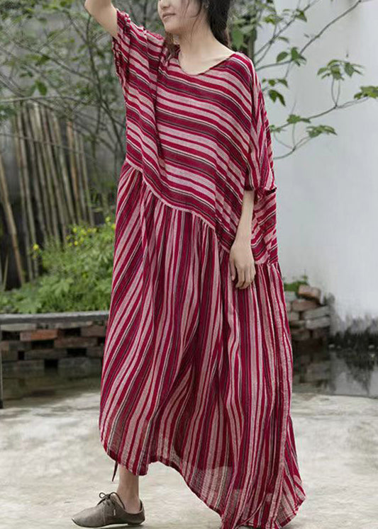 Striped Round Neck Batwing Sleeve Gathered Waist Maxi Dress