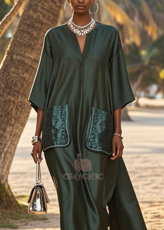 V-Neck Button Front Kimono Sleeve Jacquard Patch Pocket Maxi Dress