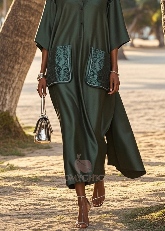V-Neck Button Front Kimono Sleeve Jacquard Patch Pocket Maxi Dress