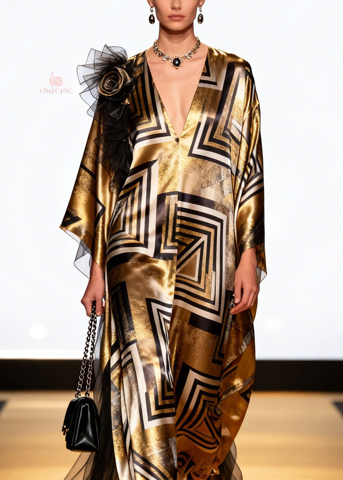 Metallic Geometric Print Deep V-Neck Kimono Sleeve Shoulder Ruffle Kaftan Maxi Gown