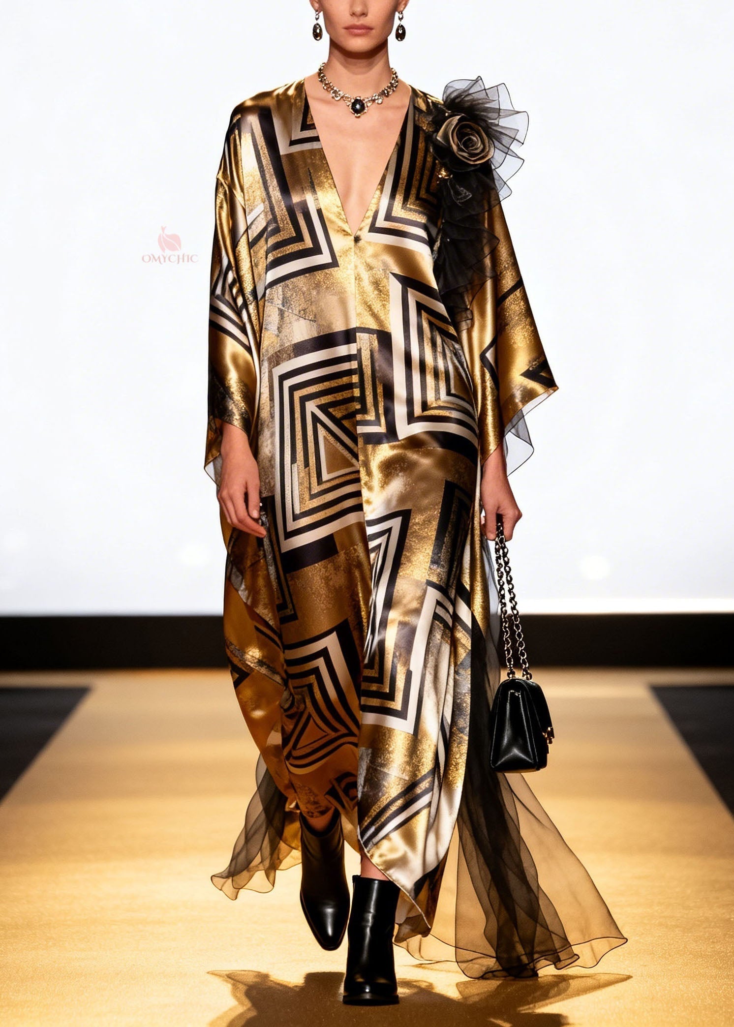 Metallic Geometric Print Deep V-Neck Kimono Sleeve Shoulder Ruffle Kaftan Maxi Gown