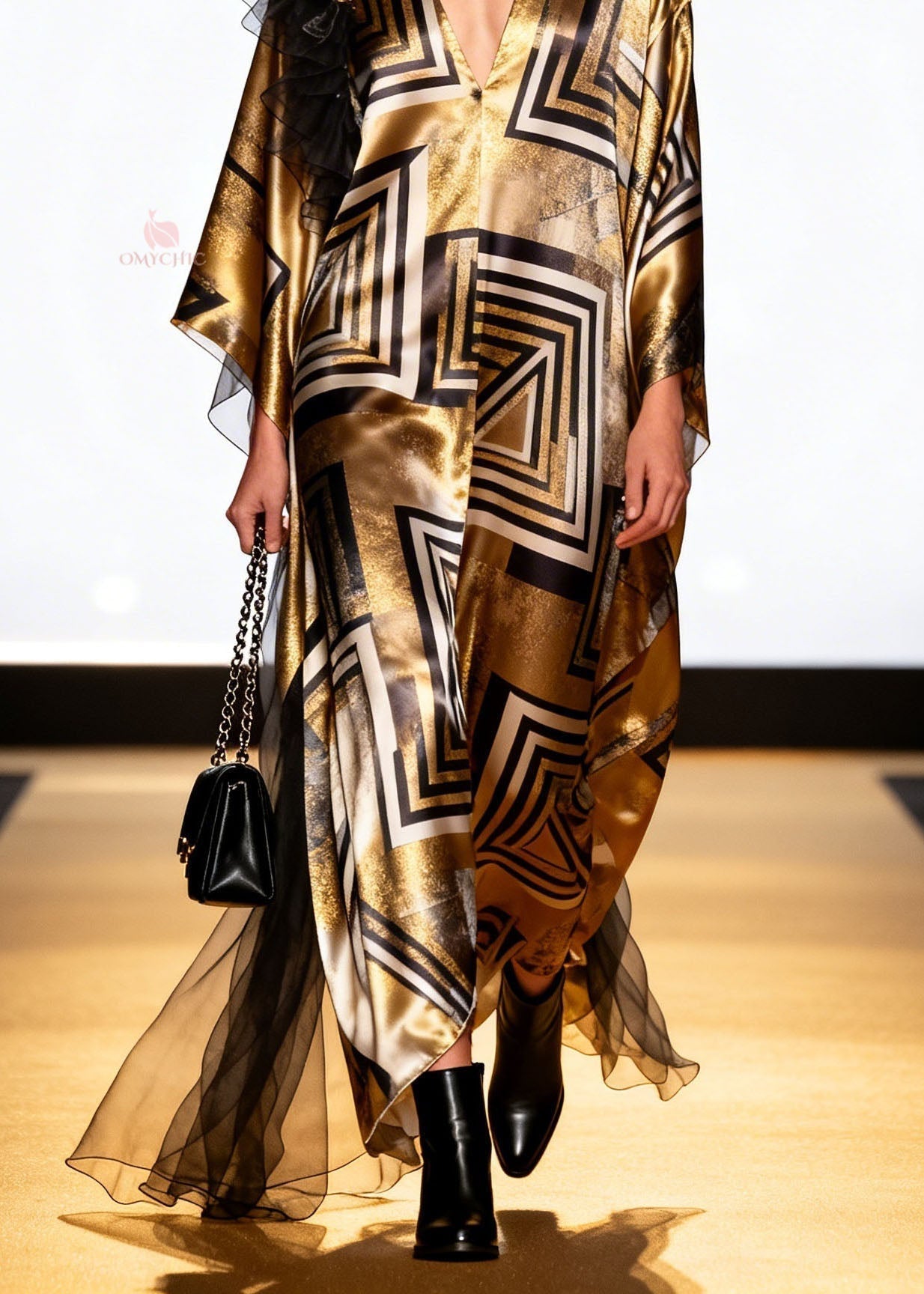 Metallic Geometric Print Deep V-Neck Kimono Sleeve Shoulder Ruffle Kaftan Maxi Gown