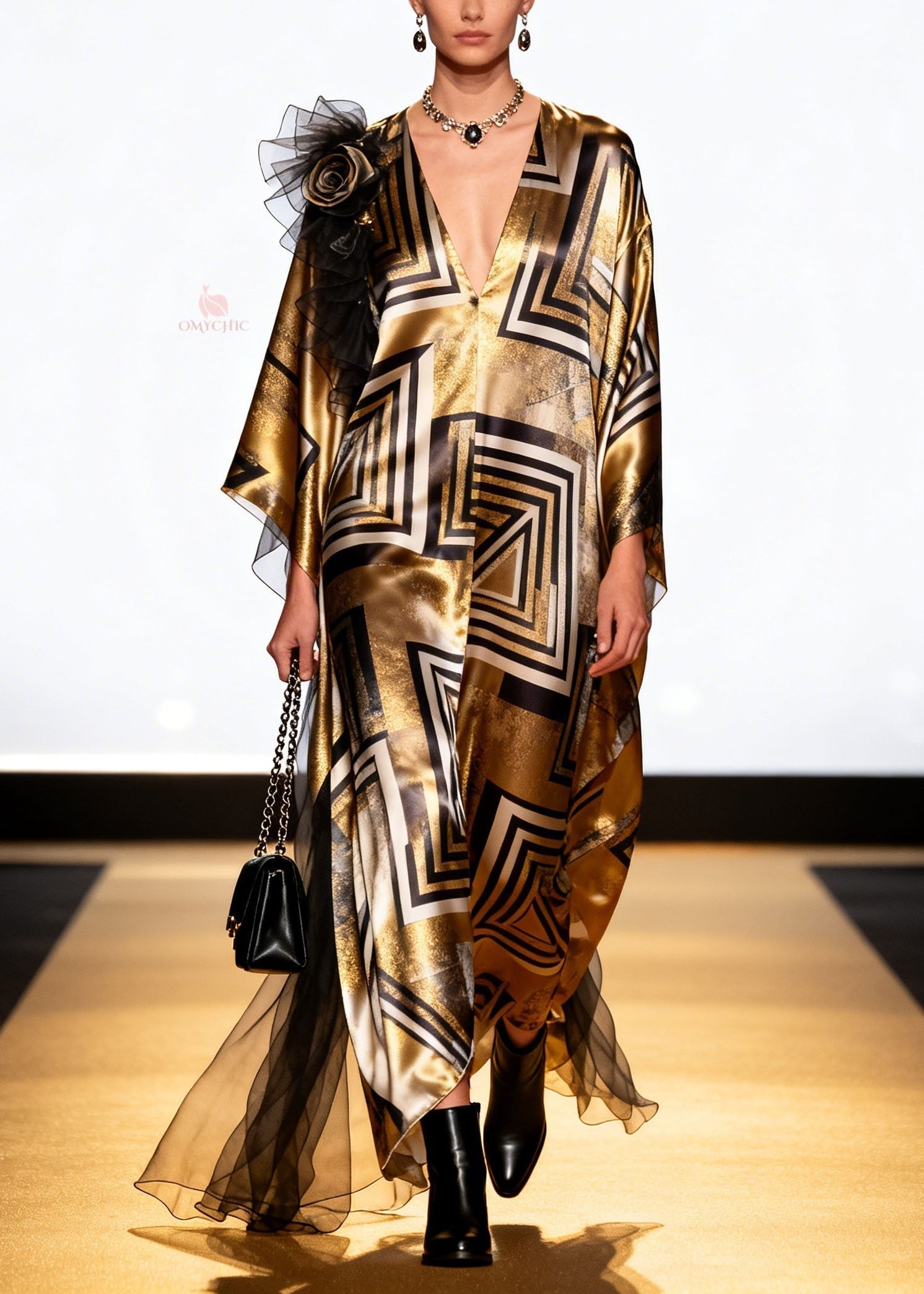 Metallic Geometric Print Deep V-Neck Kimono Sleeve Shoulder Ruffle Kaftan Maxi Gown