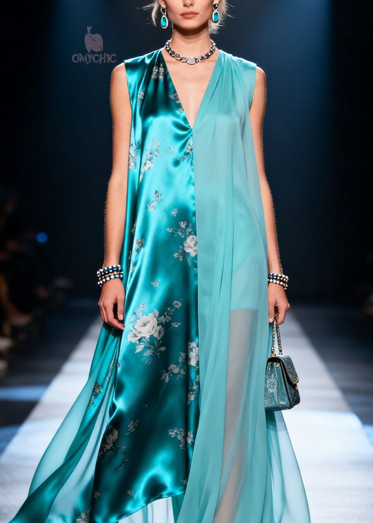 Floral Print Asymmetrical Sheer Chiffon Layered V-Neck Handkerchief Hem Maxi Dress