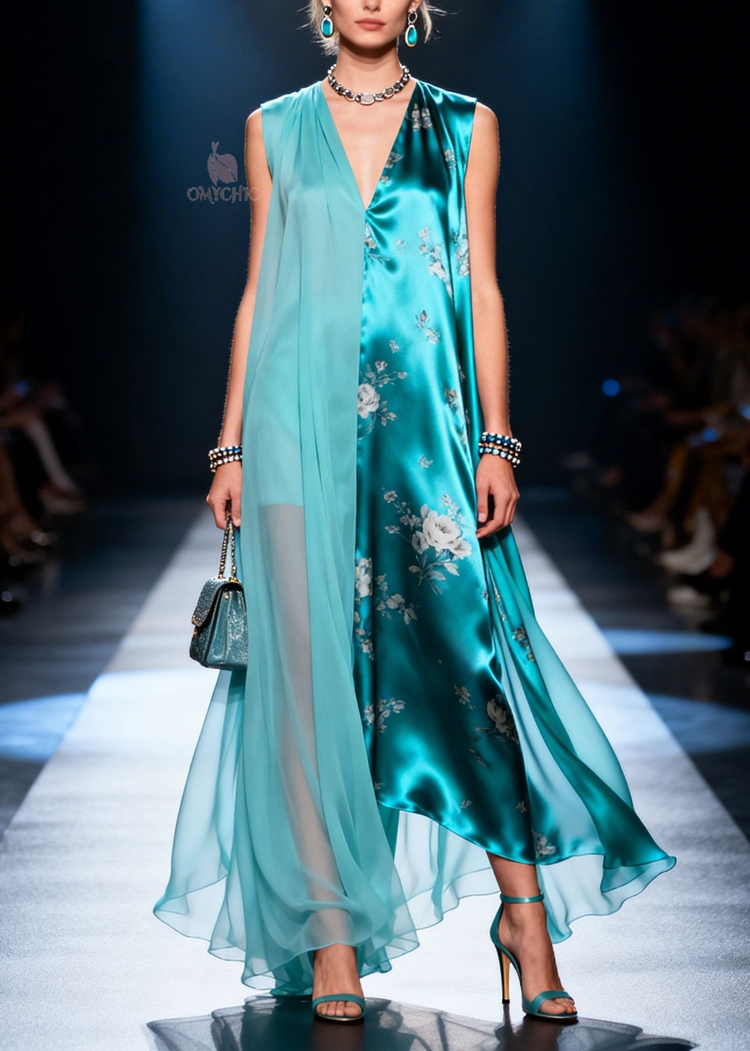 Floral Print Asymmetrical Sheer Chiffon Layered V-Neck Handkerchief Hem Maxi Dress