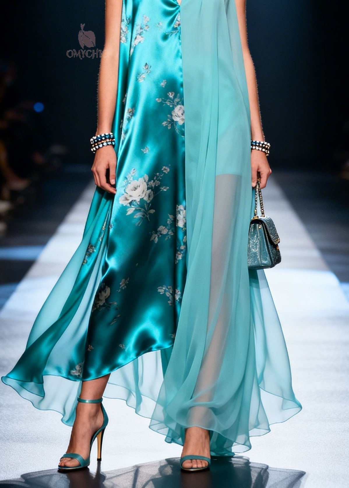 Floral Print Asymmetrical Sheer Chiffon Layered V-Neck Handkerchief Hem Maxi Dress