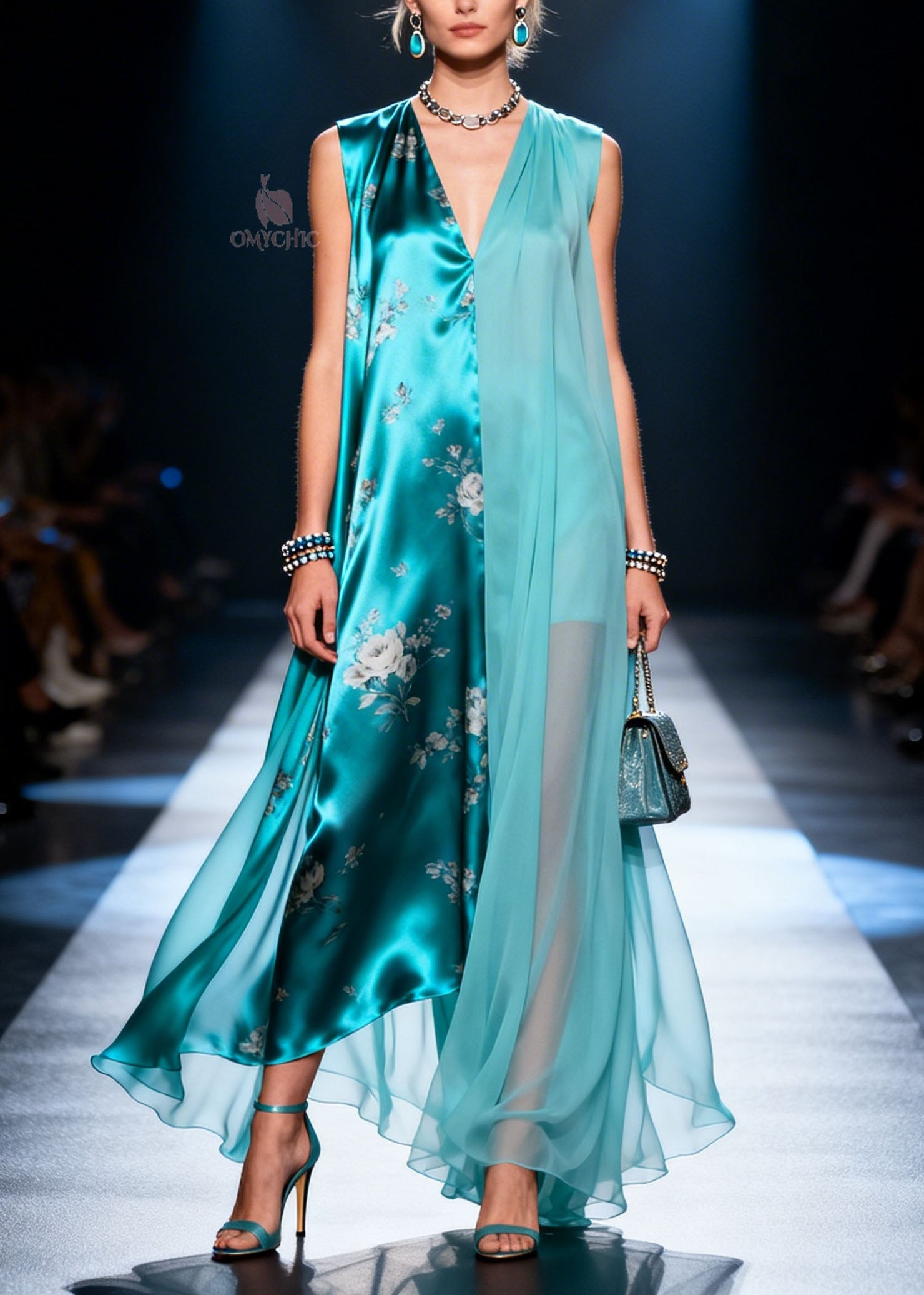 Floral Print Asymmetrical Sheer Chiffon Layered V-Neck Handkerchief Hem Maxi Dress