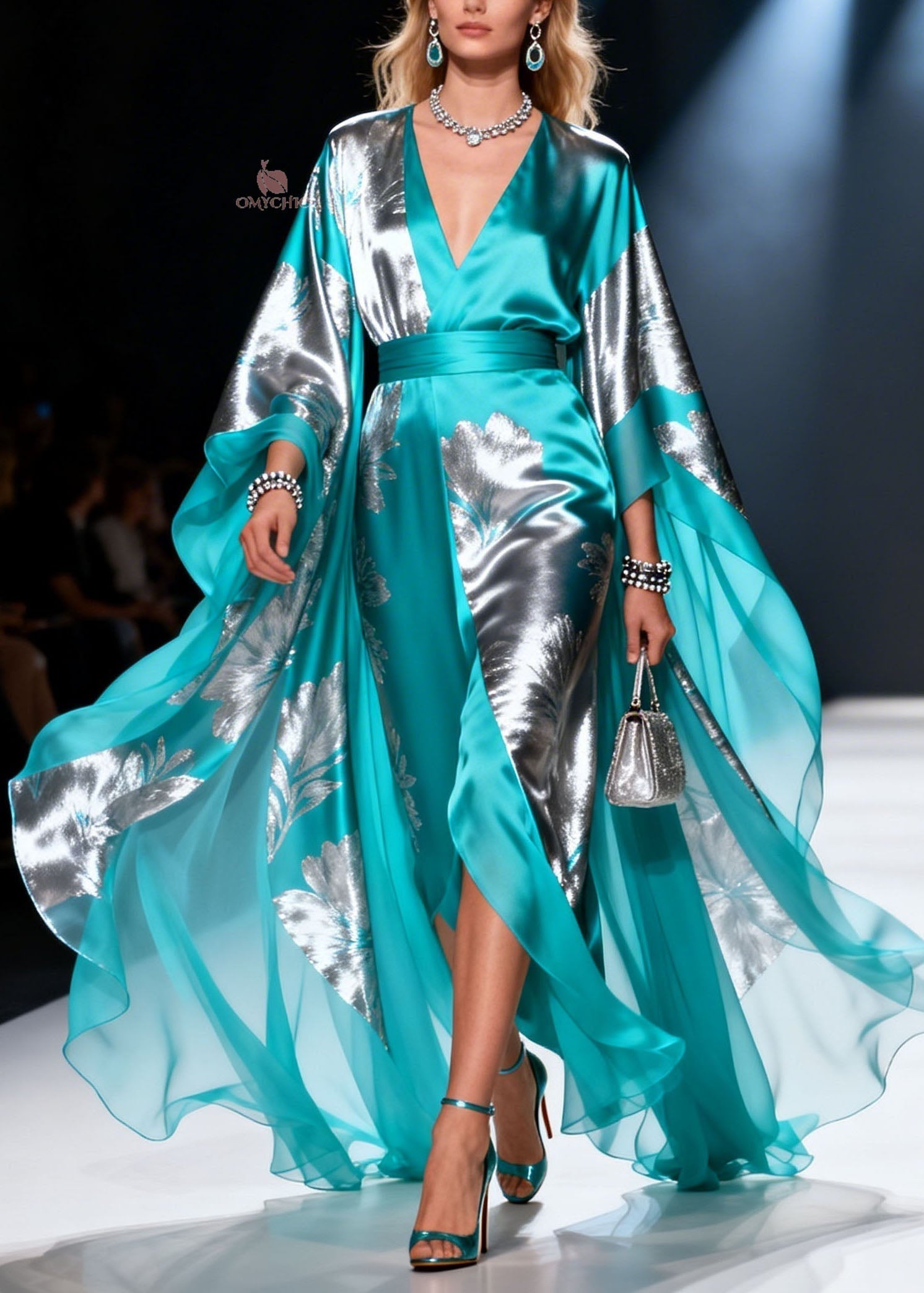 Metallic Floral Print Wrap V-Neck Belted Cape Sleeve High Split Maxi Gown