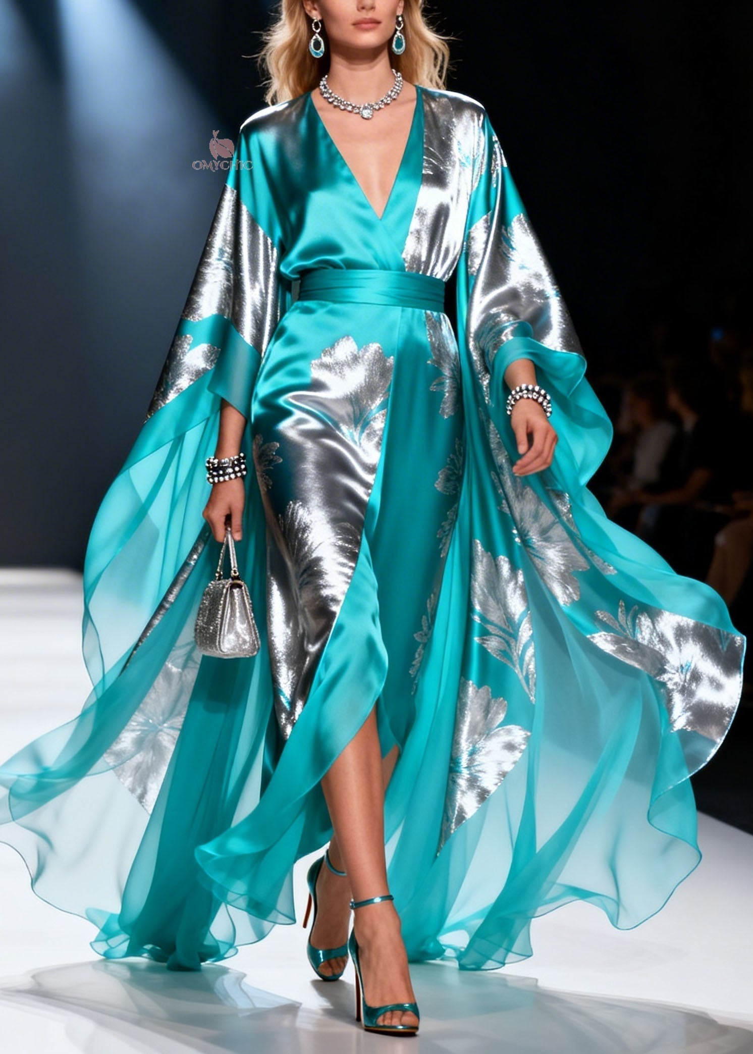 Metallic Floral Print Wrap V-Neck Belted Cape Sleeve High Split Maxi Gown