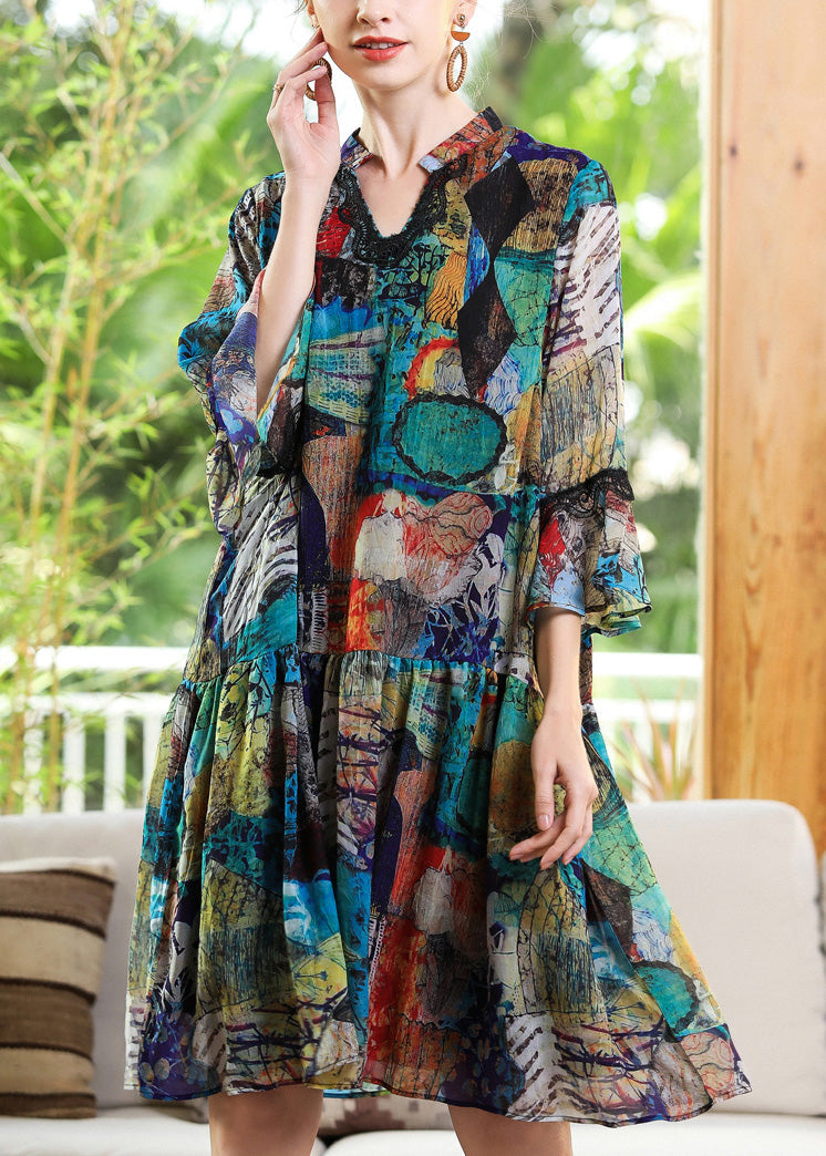 Loose V Neck Print Patchwork Chiffon Maxi Dress Long Sleeve - View 3