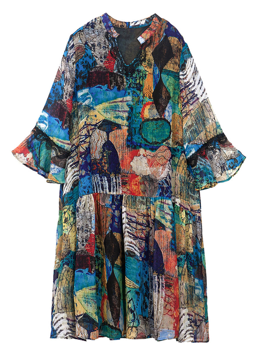 Loose V Neck Print Patchwork Chiffon Maxi Dress Long Sleeve - View 5