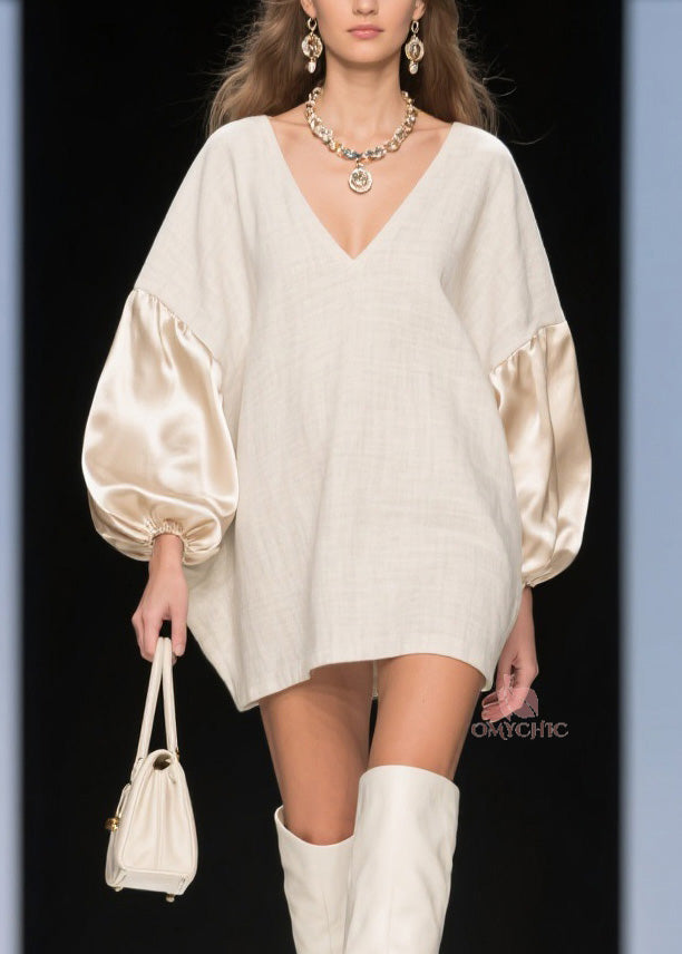 V-Neck Satin Lantern Sleeve Oversized Woven Shift Mini Dress