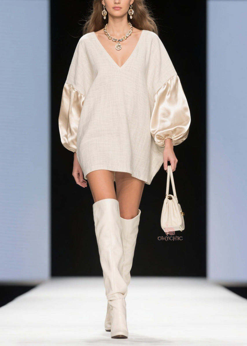 V-Neck Satin Lantern Sleeve Oversized Woven Shift Mini Dress