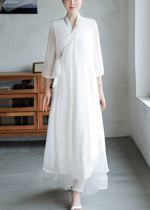 Chiffon Floral Embroidered Cross Wrap V-Neck Bell Sleeve Layered Tier Hem Maxi Dress