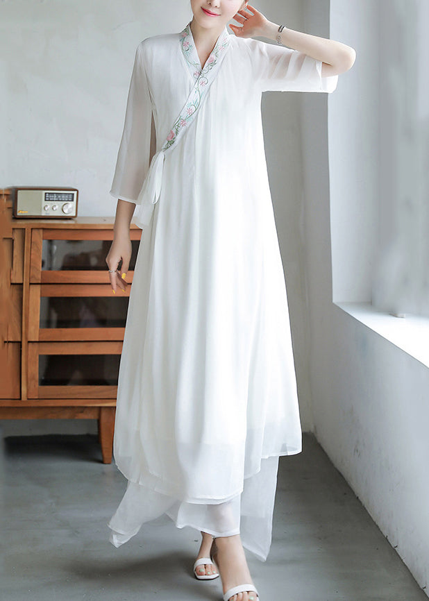 Chiffon Floral Embroidered Cross Wrap V-Neck Bell Sleeve Layered Tier Hem Maxi Dress