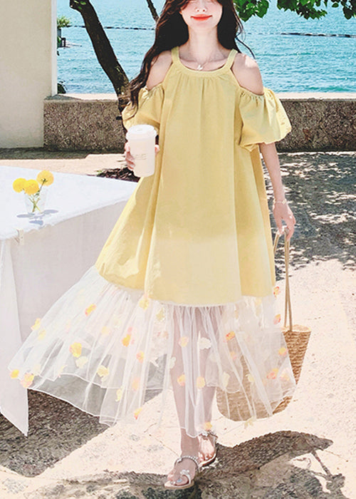 Cold Shoulder Puff Sleeve Tulle Floral Appliqué Ruffle Hem Midi Dress