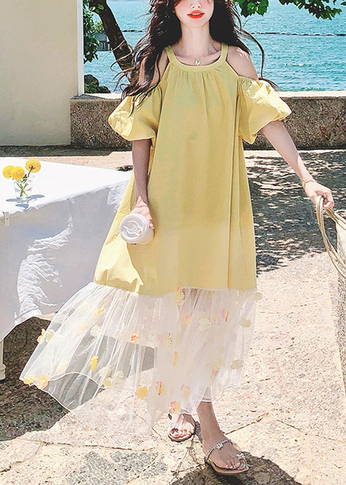 Cold Shoulder Puff Sleeve Tulle Floral Appliqué Ruffle Hem Midi Dress