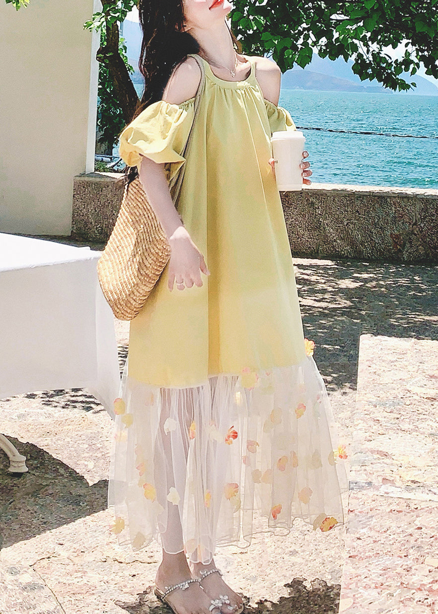 Cold Shoulder Puff Sleeve Tulle Floral Appliqué Ruffle Hem Midi Dress