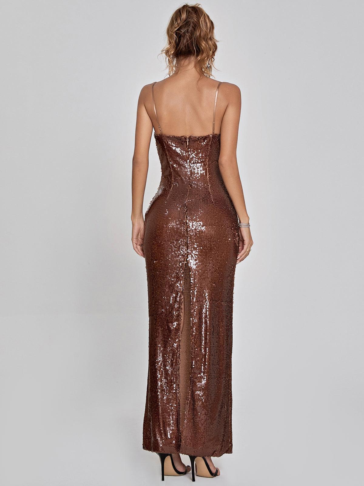 Sequin Spaghetti Strap Sweetheart 3D Floral Bodycon Maxi Dress