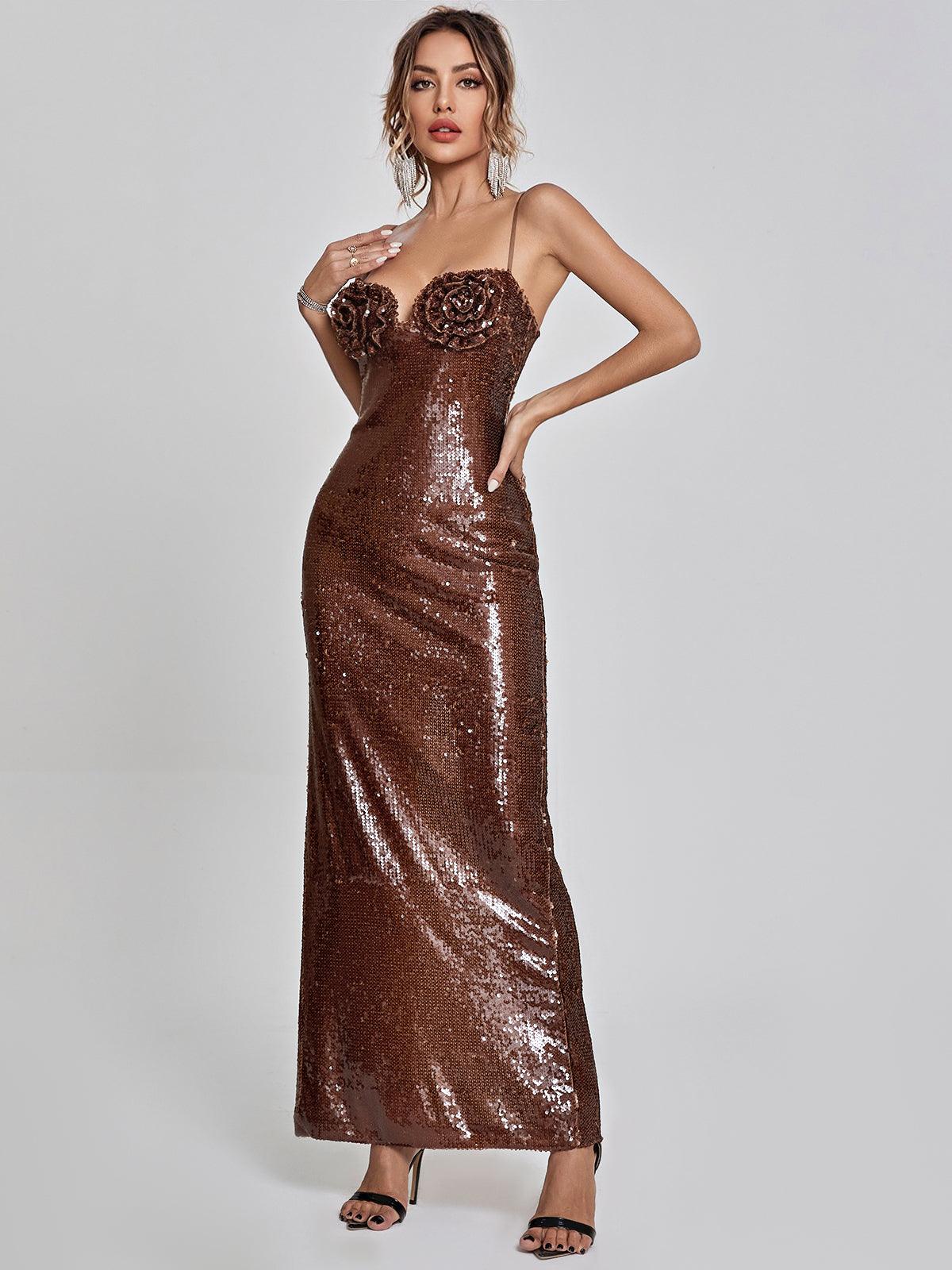 Sequin Spaghetti Strap Sweetheart 3D Floral Bodycon Maxi Dress