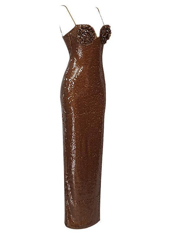 Sequin Spaghetti Strap Sweetheart 3D Floral Bodycon Maxi Dress