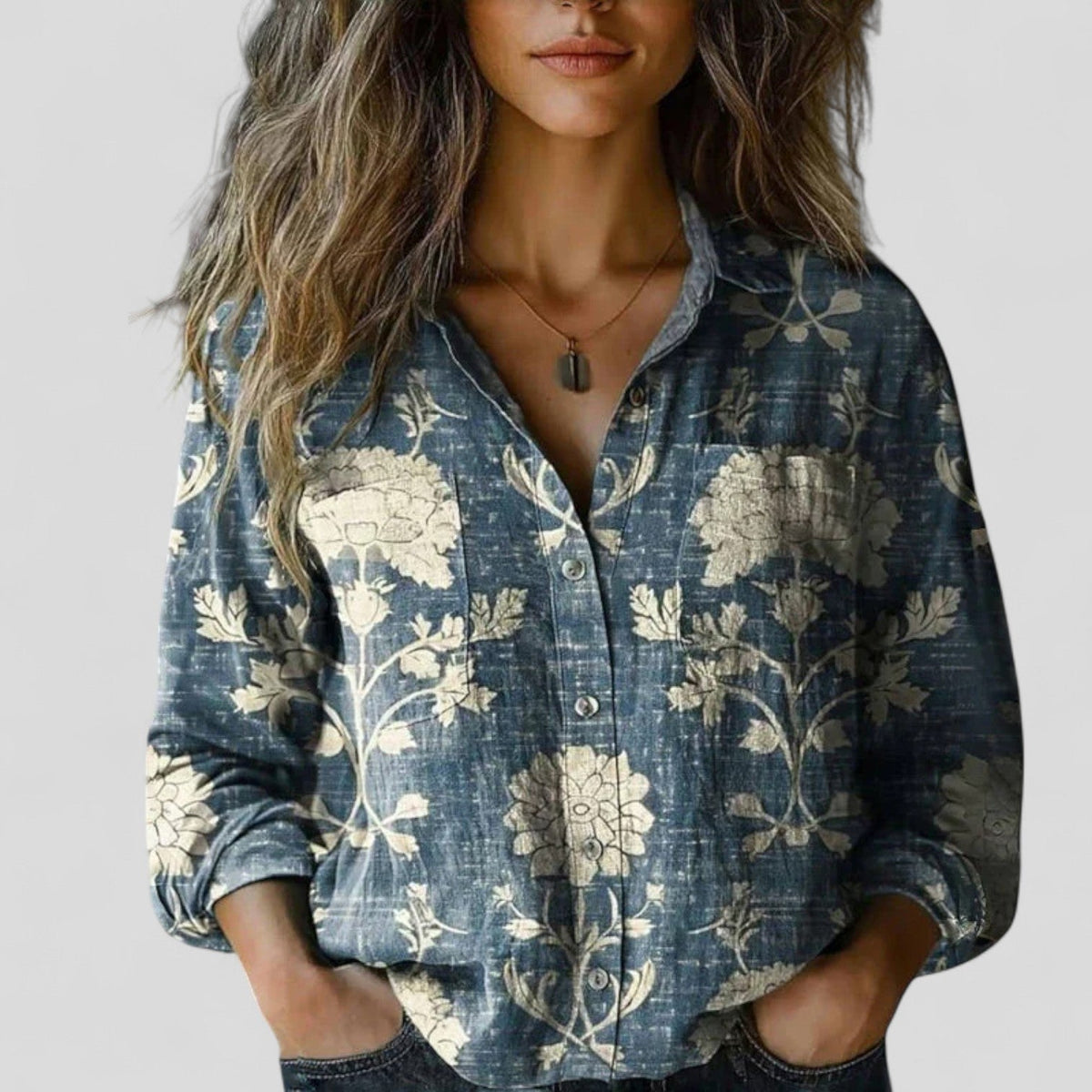 Floral Stripe Long Sleeve Button Front Collared Blouse