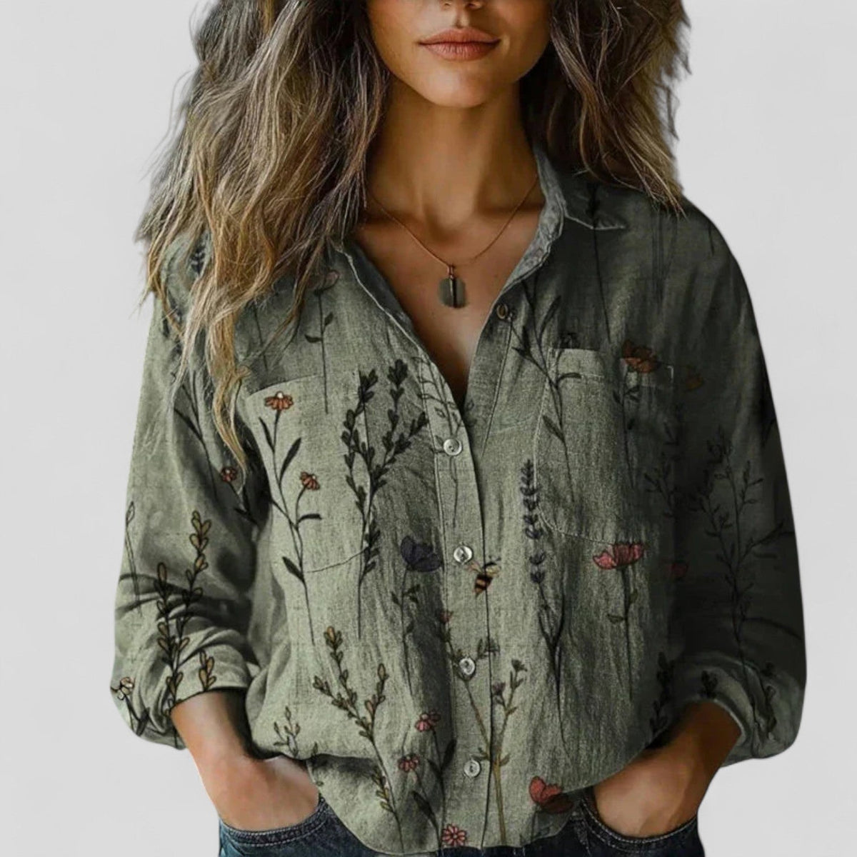 Floral Stripe Long Sleeve Button Front Collared Blouse