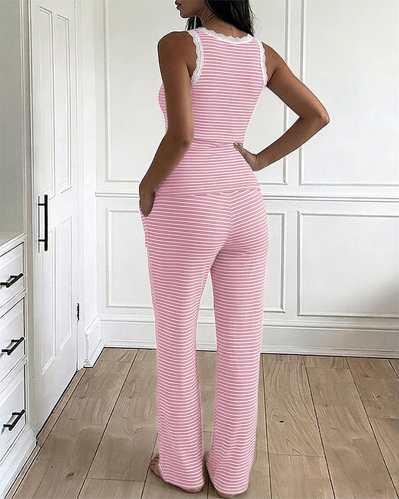 Women's Rib Knit Pajamas with Lace Trim & Pockets for Comfort