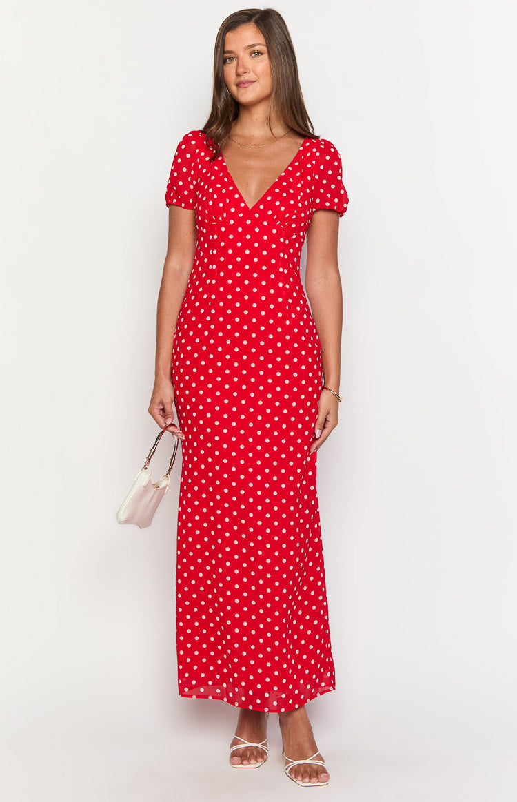 Polka Dot Deep V-Neck Puff Short Sleeve Bodycon Maxi Dress 6