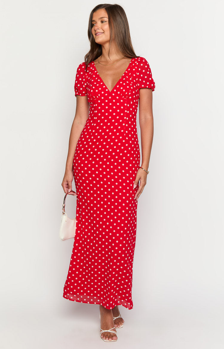 Polka Dot Deep V-Neck Puff Short Sleeve Bodycon Maxi Dress 13