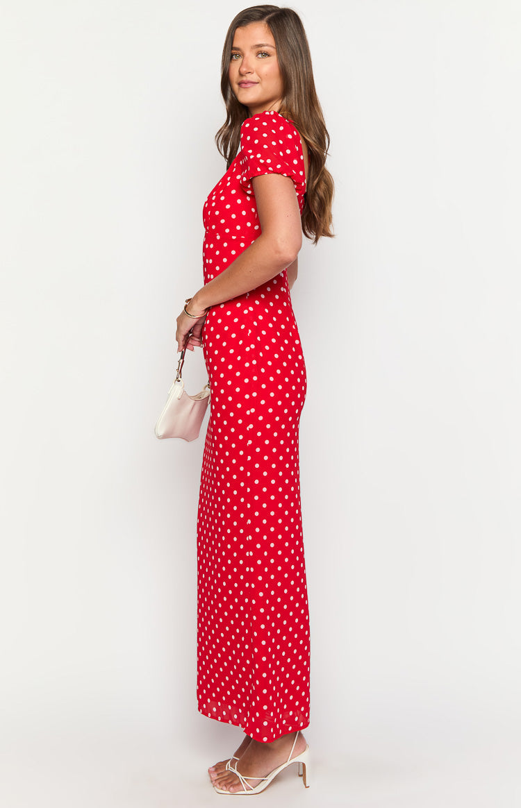 Polka Dot Deep V-Neck Puff Short Sleeve Bodycon Maxi Dress 15