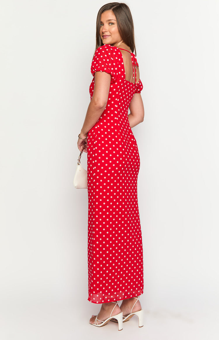 Polka Dot Deep V-Neck Puff Short Sleeve Bodycon Maxi Dress 16