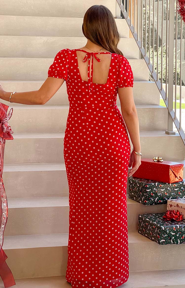 Polka Dot Deep V-Neck Puff Short Sleeve Bodycon Maxi Dress 11