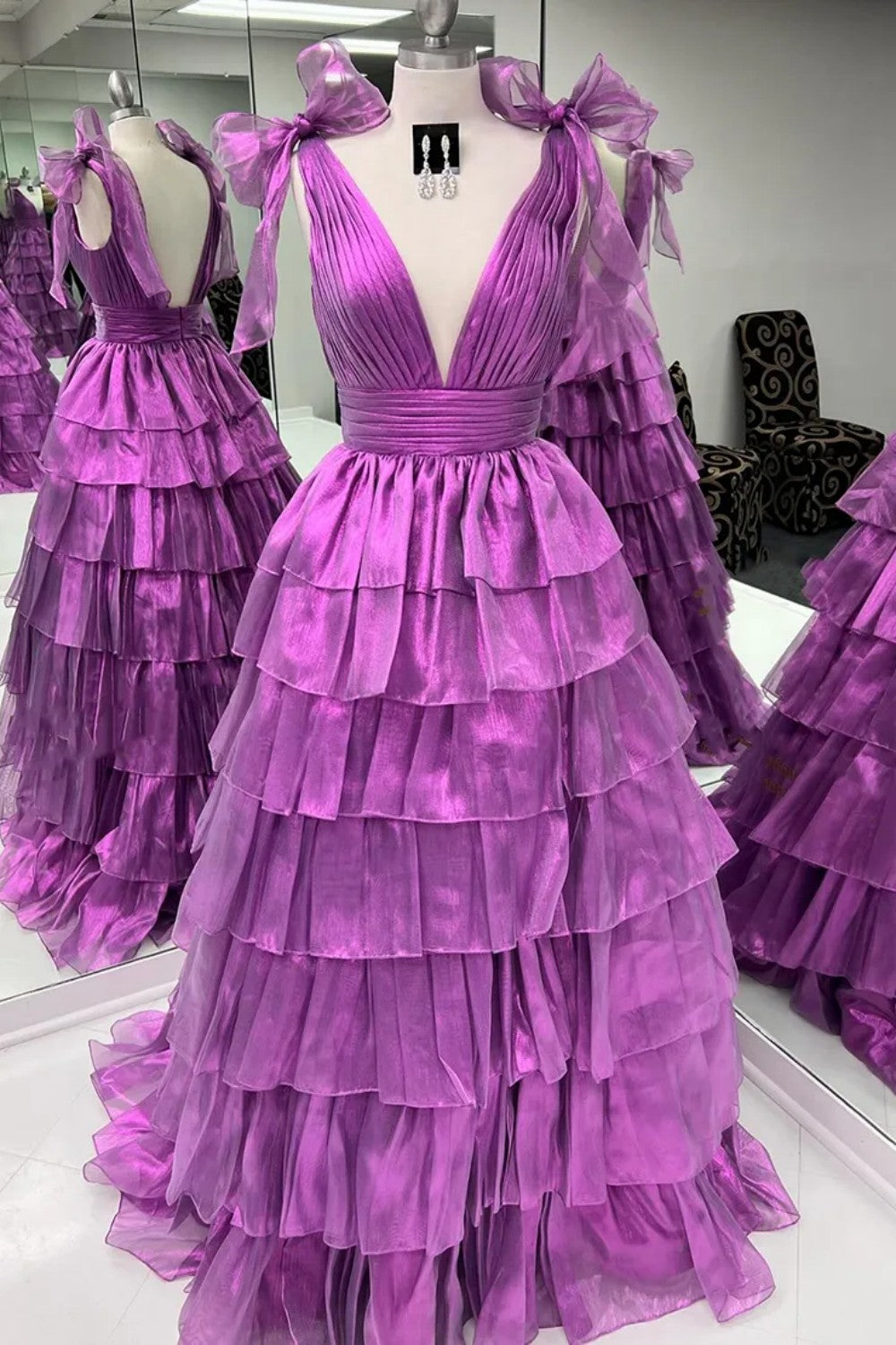 Cute Pink Princess A Line Deep V-Neck Long Tiered Prom Dress With Split