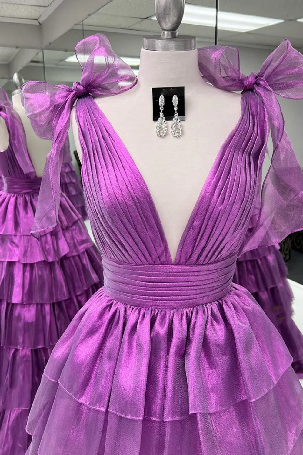 Cute Pink Princess A Line Deep V-Neck Long Tiered Prom Dress With Split
