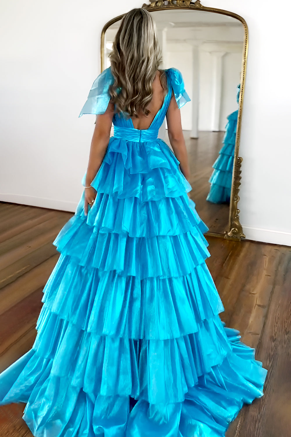 Cute Pink Princess A Line Deep V-Neck Long Tiered Prom Dress With Split