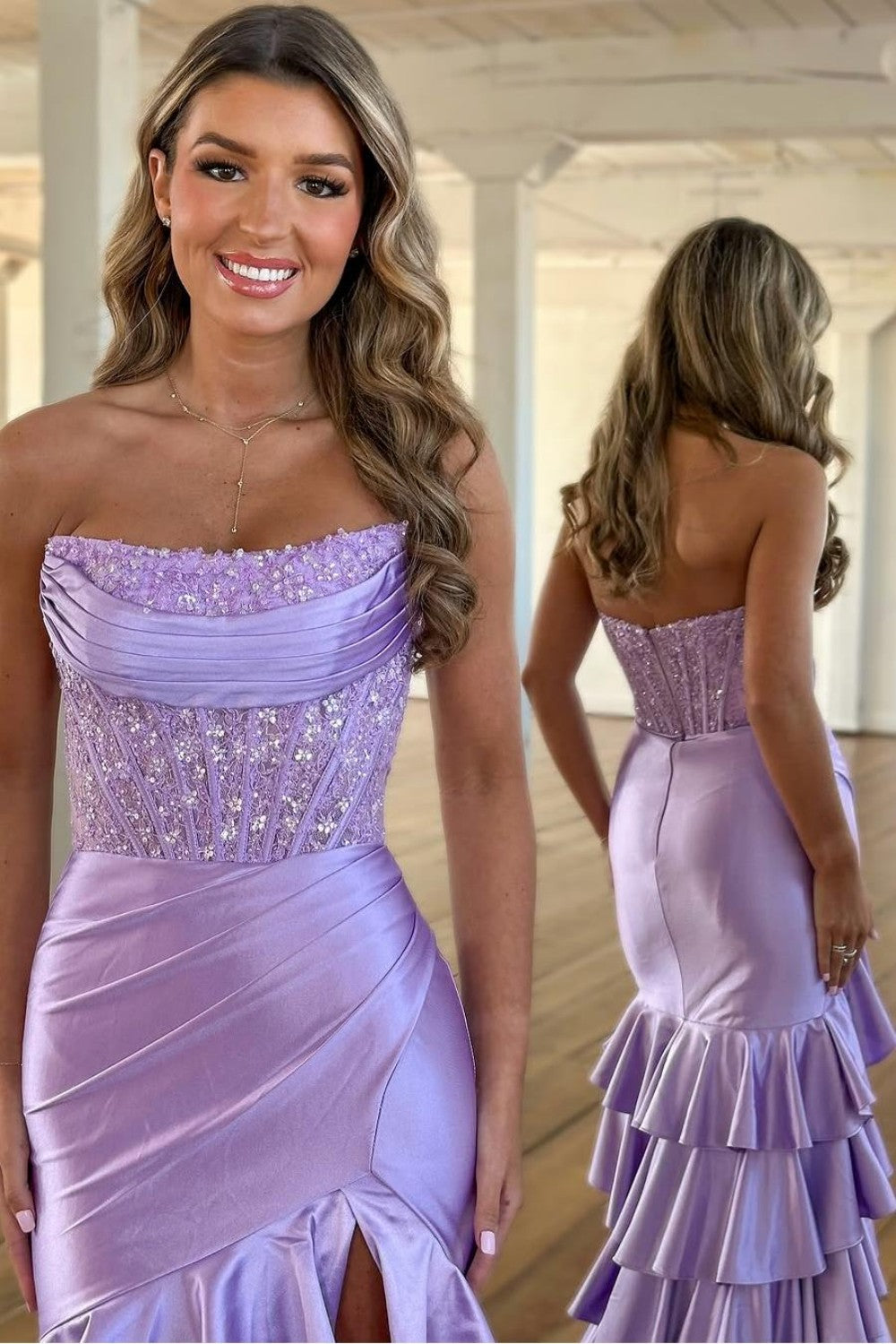 Stylish Pink Mermaid Strapless Long Tiered Satin Prom Dress with Sequin